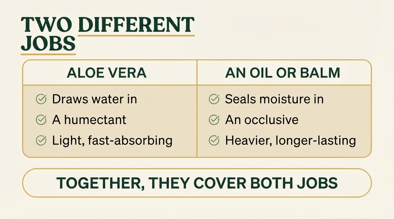 Infographic comparing aloe vera as a humectant against an oil or balm as an occlusive