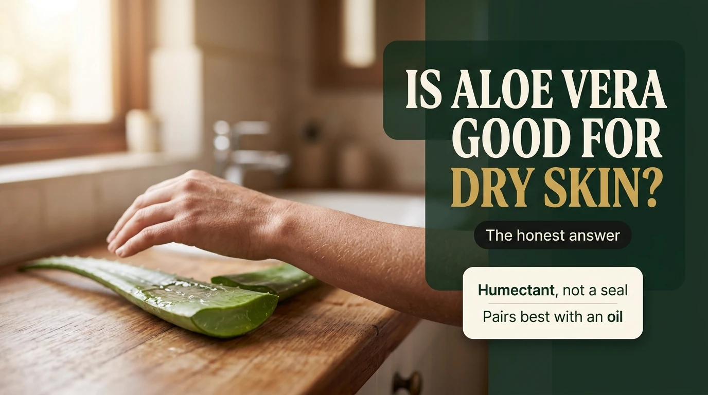 A cut aloe vera leaf beside a forearm, with the headline: is aloe vera good for dry skin?