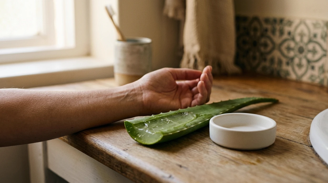 A freshly cut aloe vera leaf beside a forearm on a bathroom counter in morning light