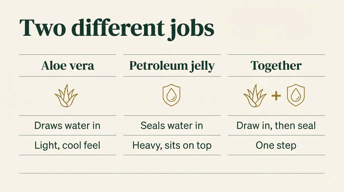 Infographic titled two different jobs: aloe vera draws water in, petroleum jelly seals water in, and together they draw in, then seal, in one step