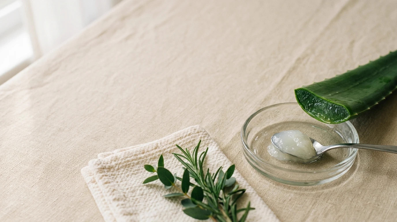 A cut aloe vera leaf resting on a small glass dish holding a spoonful of petroleum jelly, beside a folded cotton cloth on beige linen