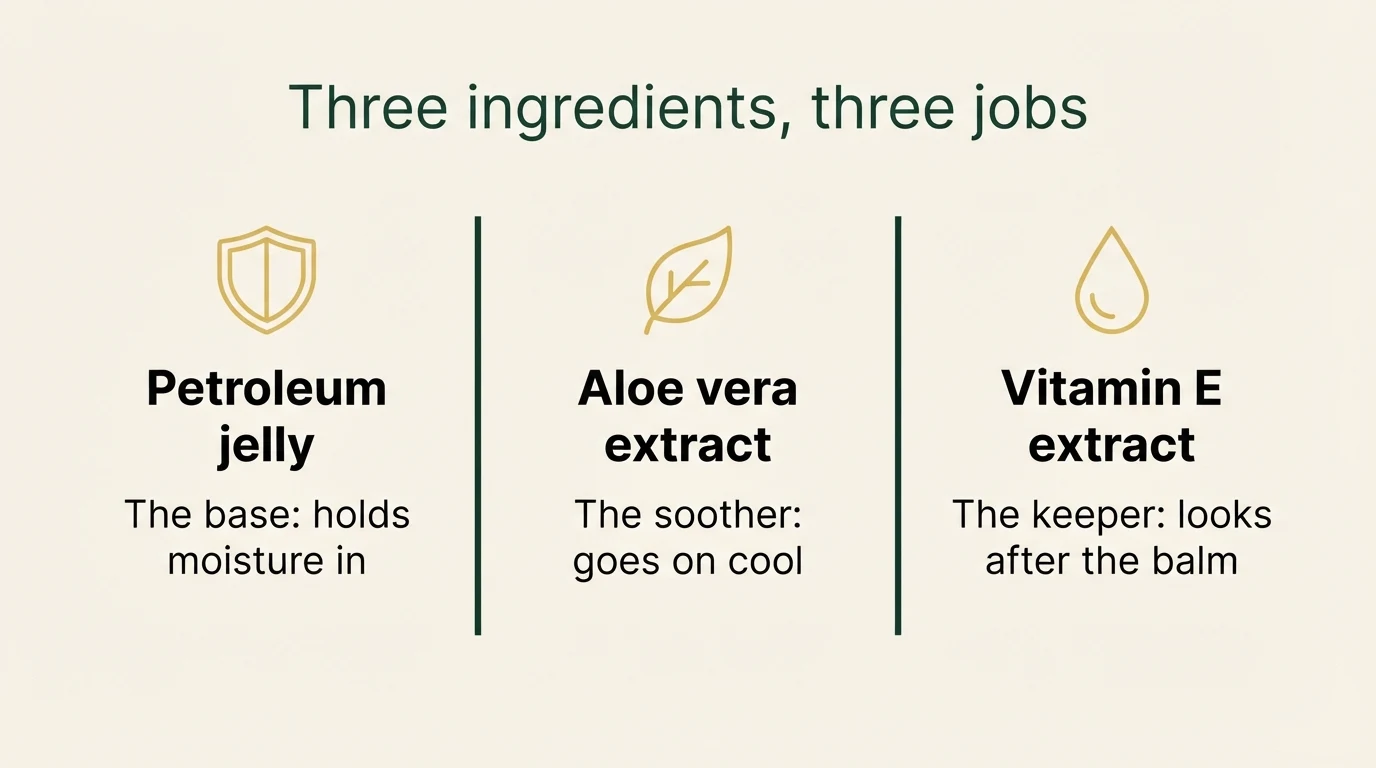 Infographic titled three ingredients, three jobs: petroleum jelly is the base that holds moisture in, aloe vera extract is the soother that goes on cool, vitamin E extract is the keeper that looks after the balm