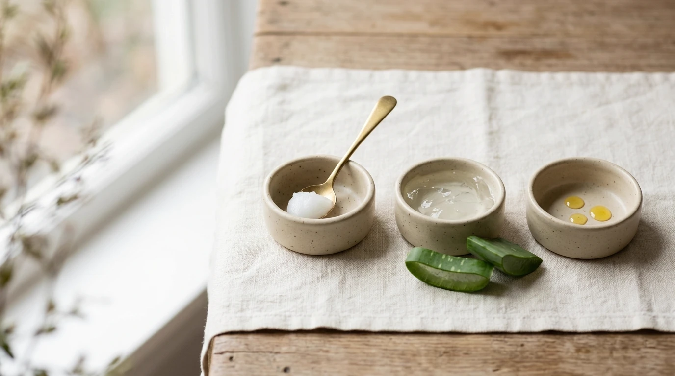 Three small ceramic dishes on a linen cloth holding petroleum jelly on a brass spoon, aloe vera gel with cut aloe leaf, and drops of golden oil