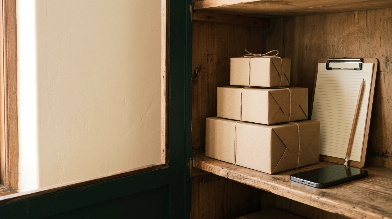 A wooden cupboard shelf holding three plain brown paper parcels tied with string, stacked small to large, beside a clipboard with a lined sheet, a pencil and a phone
