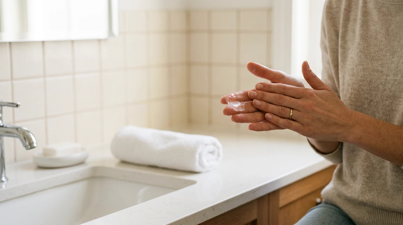 A woman warming a small amount of clear balm between her fingertips beside a bathroom sink, with a rolled white towel on the counter