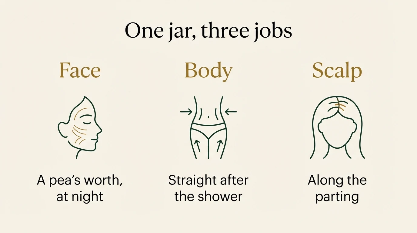Infographic titled One jar, three jobs: face, a pea's worth at night; body, straight after the shower; scalp, along the parting