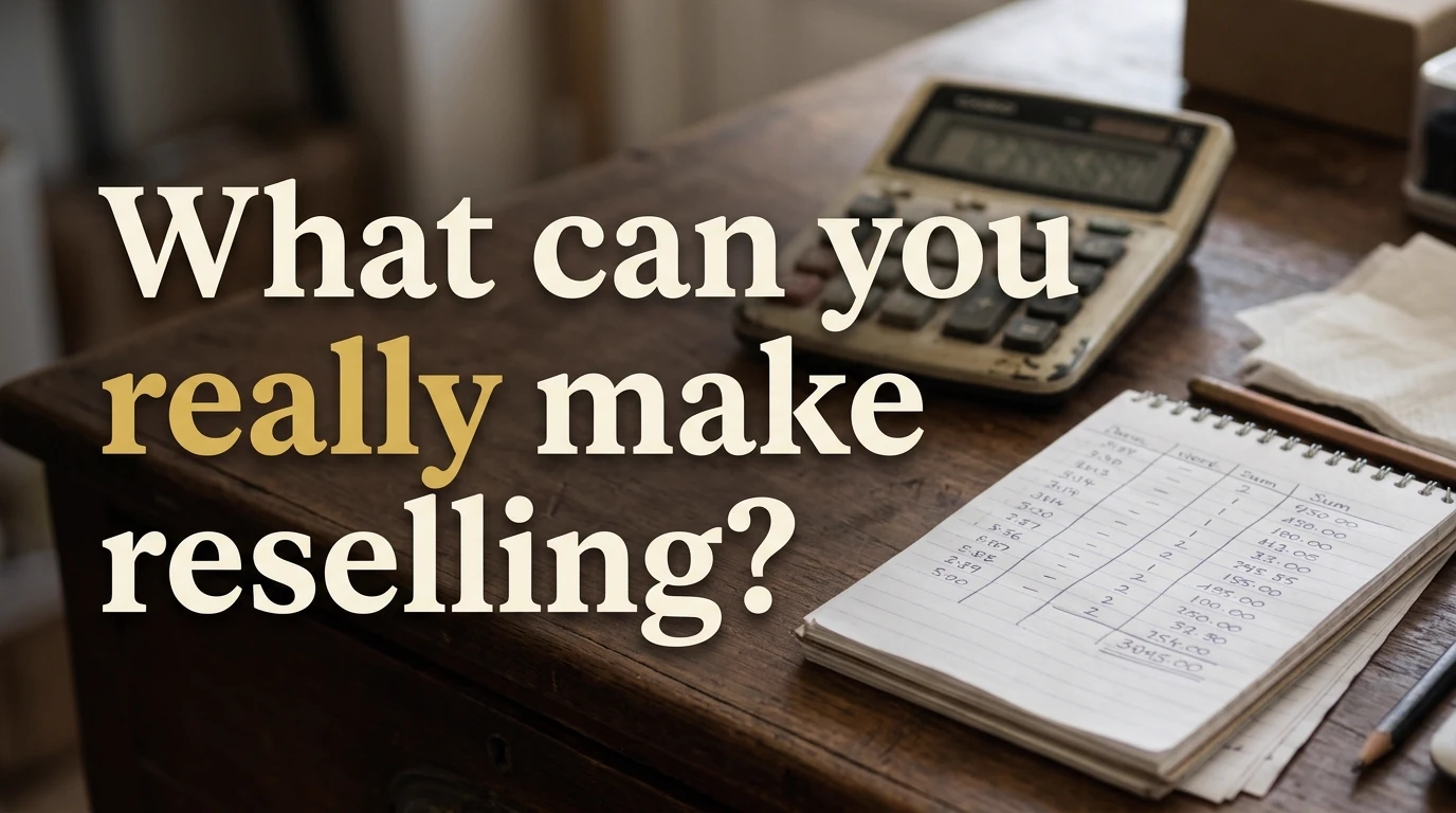 A calculator and a notebook of handwritten sums on a wooden desk, beside the headline: What can you really make reselling?