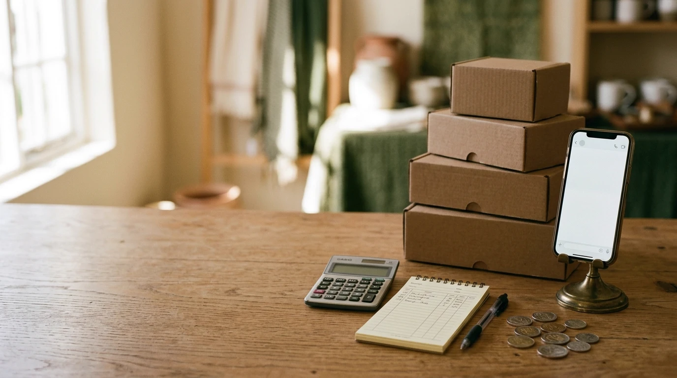 A wooden counter with a calculator, a small notebook and pen, a handful of coins, a stack of plain brown boxes and a phone on a stand