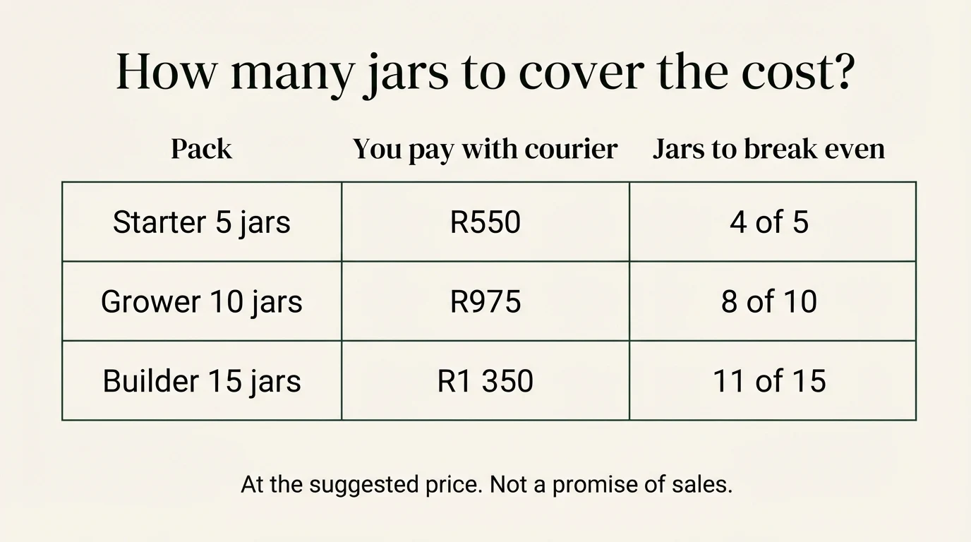 Table showing jars needed to break even at the suggested price: Starter R550 with courier, 4 of 5 jars; Grower R975, 8 of 10; Builder R1 350, 11 of 15