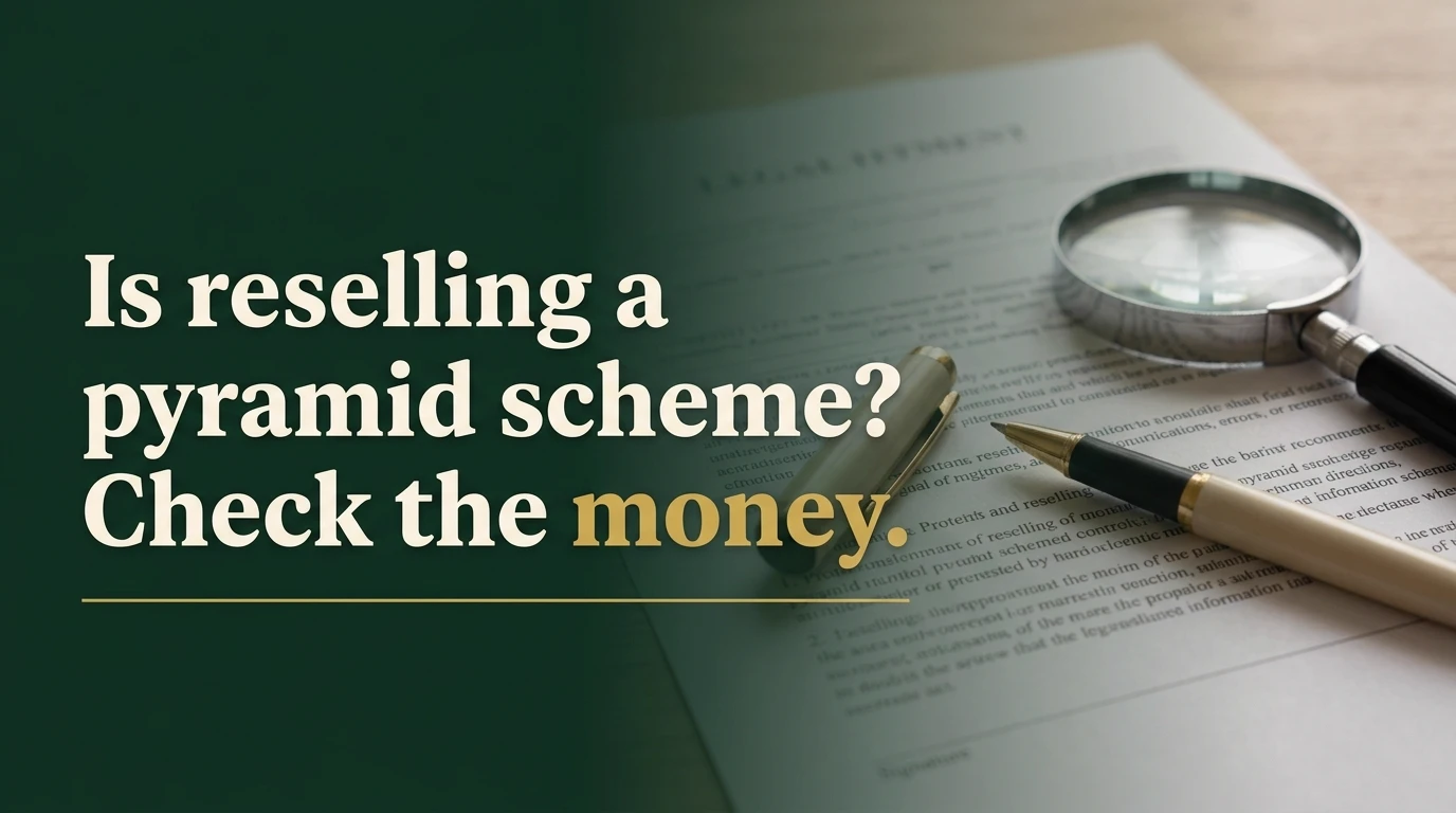 A printed document with a pen and a magnifying glass on a desk, beside the headline: Is reselling a pyramid scheme? Check the money.