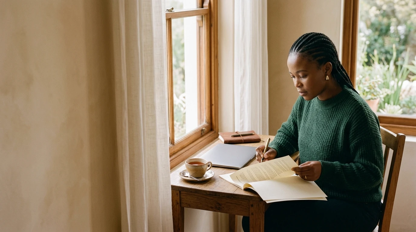 A woman in a green jersey sits at a small wooden desk by a window, reading a printed document with a pen in hand, a cup of tea and a closed laptop beside her