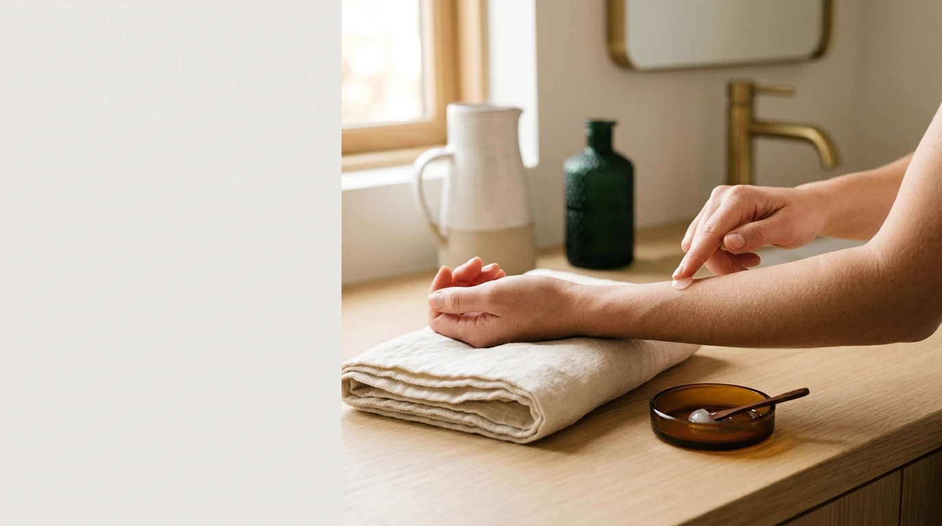 A woman dabbing a tiny amount of clear balm on the inside of her forearm, resting on a folded linen towel on a bathroom counter beside an amber glass dish