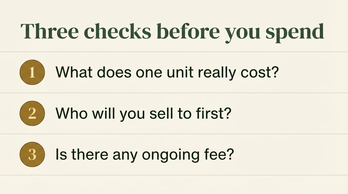 Infographic titled three checks before you spend: one, what does one unit really cost; two, who will you sell to first; three, is there any ongoing fee