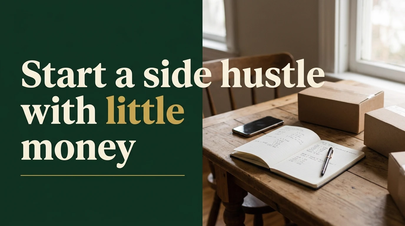 A kitchen table with an open notebook of sums, a phone and two cardboard boxes, beside the headline: Start a side hustle with little money