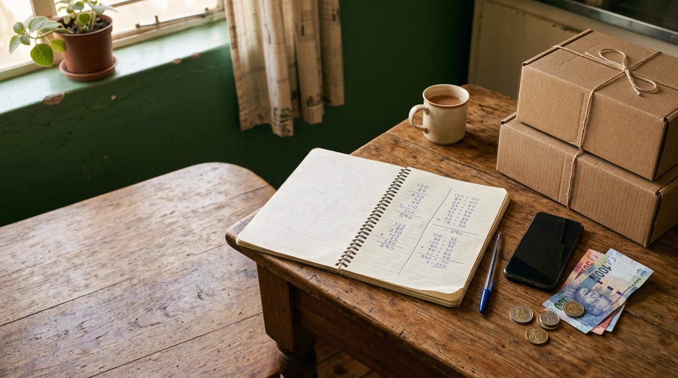 A wooden kitchen table by a window with an open notebook of handwritten sums, a pen, a phone, a few rand notes and coins, and two brown cardboard boxes tied with string