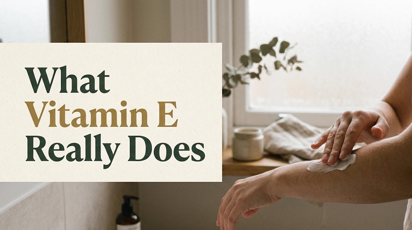 A hand smoothing cream onto skin in a warm bathroom, beside the headline: What Vitamin E Really Does