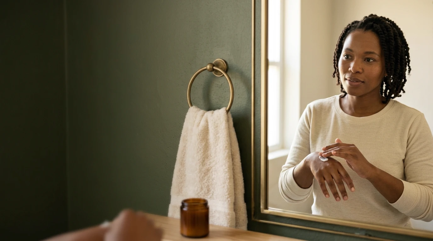 A woman at a home bathroom mirror in warm morning light, smoothing a small amount of plain cream onto the back of her hand