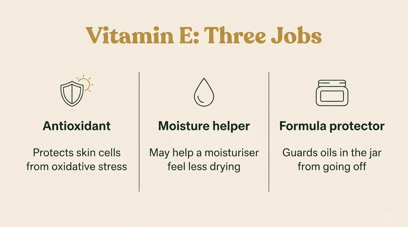 Infographic titled Vitamin E: Three Jobs. Antioxidant protects skin cells from oxidative stress. Moisture helper may help a moisturiser feel less drying. Formula protector guards oils in the jar from going off