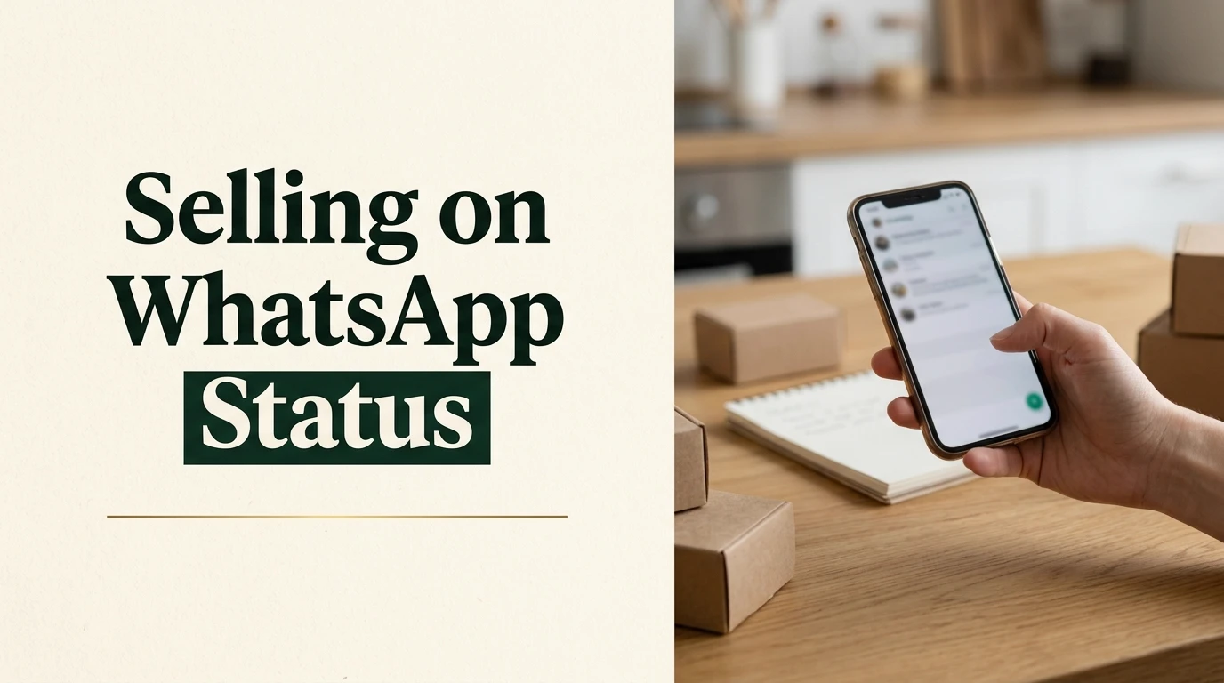 A hand holding a phone over a wooden table with a notebook and small brown boxes, beside the headline: Selling on WhatsApp Status