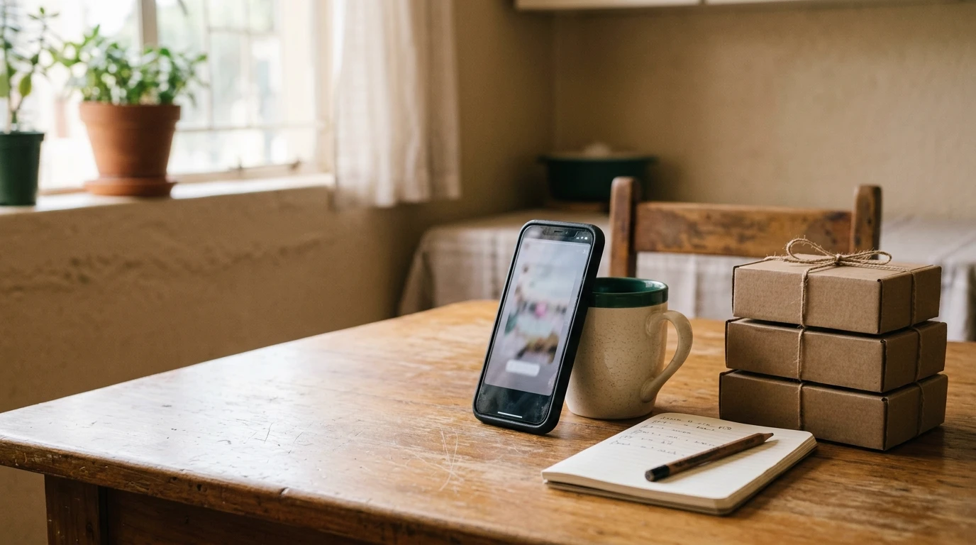 A phone propped against a mug on a wooden kitchen table, beside an open notebook with a pencil and a stack of small brown boxes tied with string