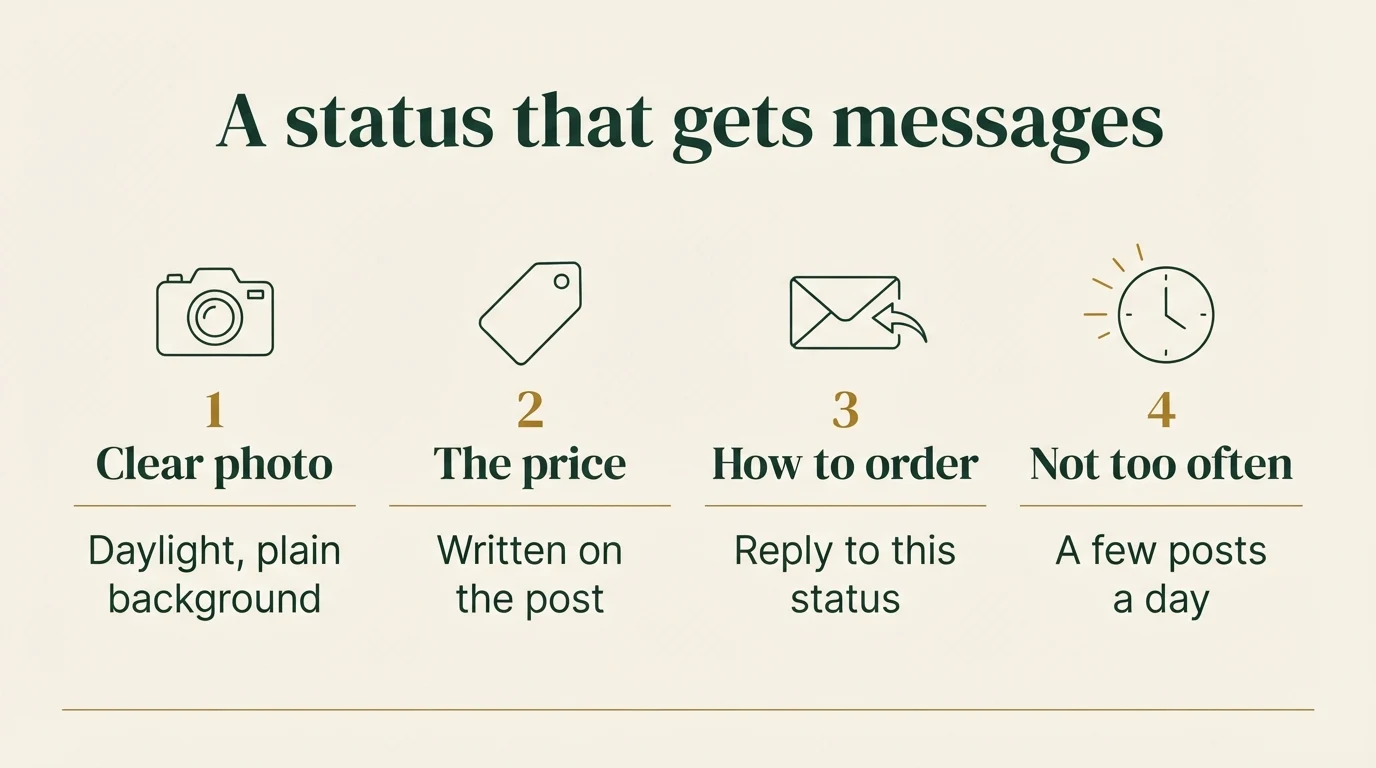 Four points for a status that gets messages: clear photo in daylight on a plain background, the price written on the post, how to order by replying to the status, and not too often, a few posts a day